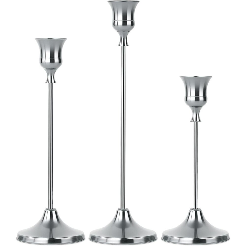 3 Set Silver Taper Candle Holders Set Tall Metal Candlesticks Home Decor
